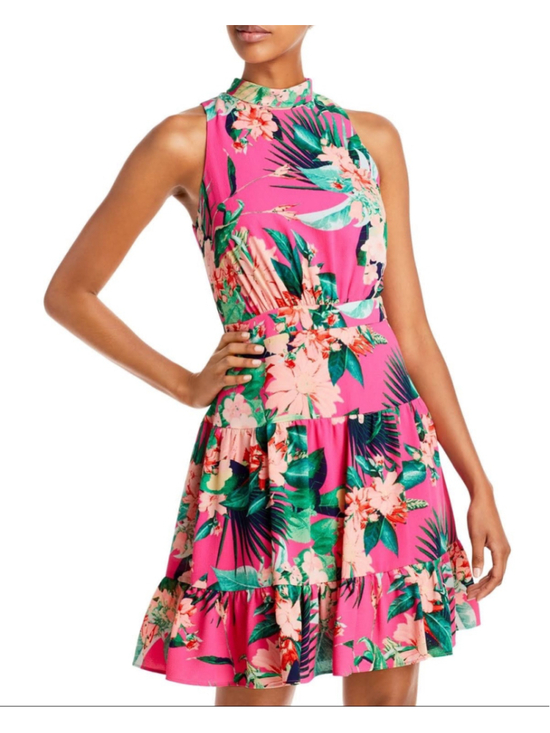 Eliza J Dresses & Skirts - Eliza J Tropical Floral High Neck Tiered Fit & Flare Dress Pink Size 18